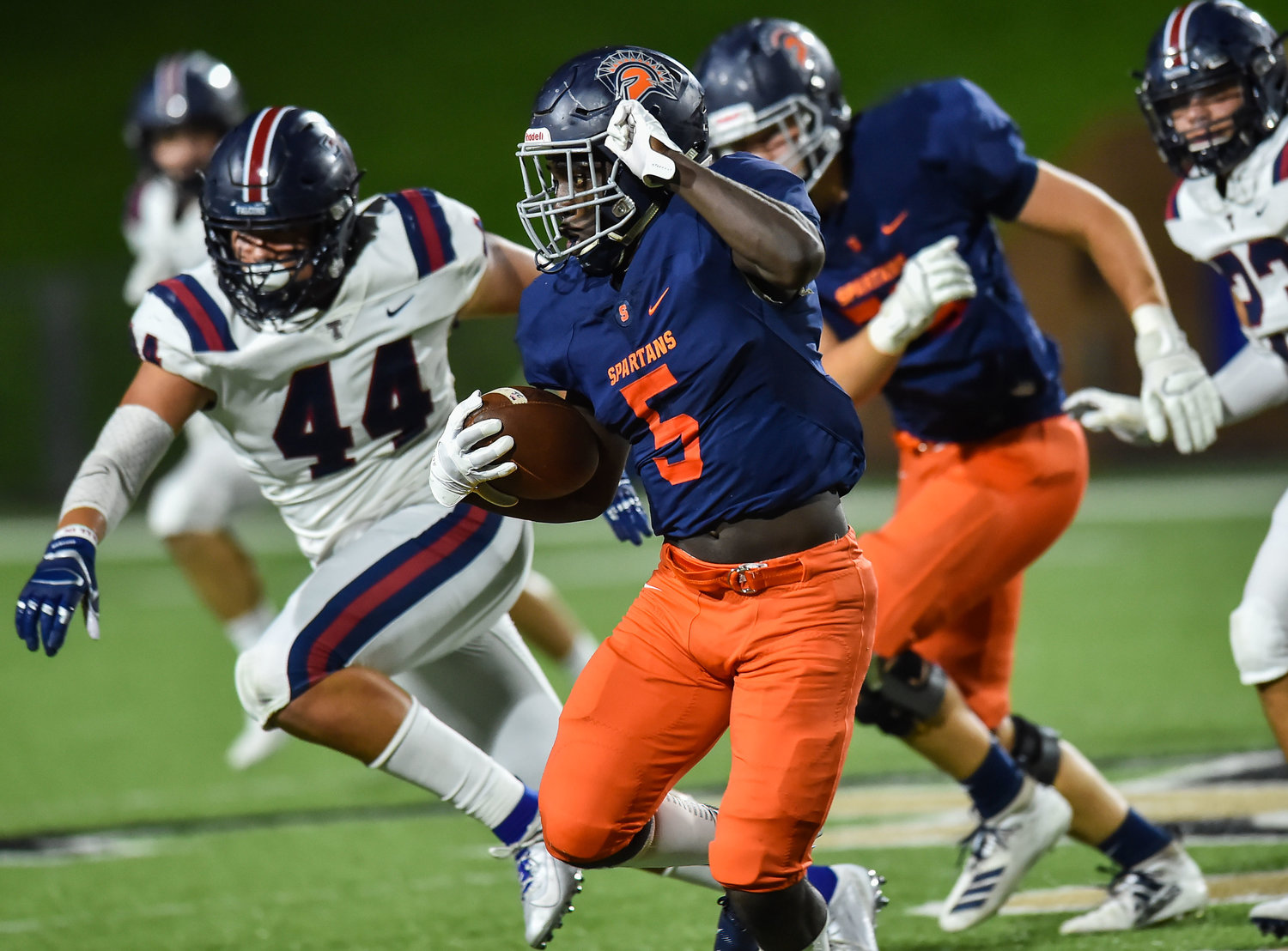 Katy, Tx. Sept. 27, 2019: Seven Lakes Nick David-West (5) run with the ball during a conference game between Seven Lakes and Tompkins at Rhodes Stadium. (Photo by Mark Goodman / Katy Times)